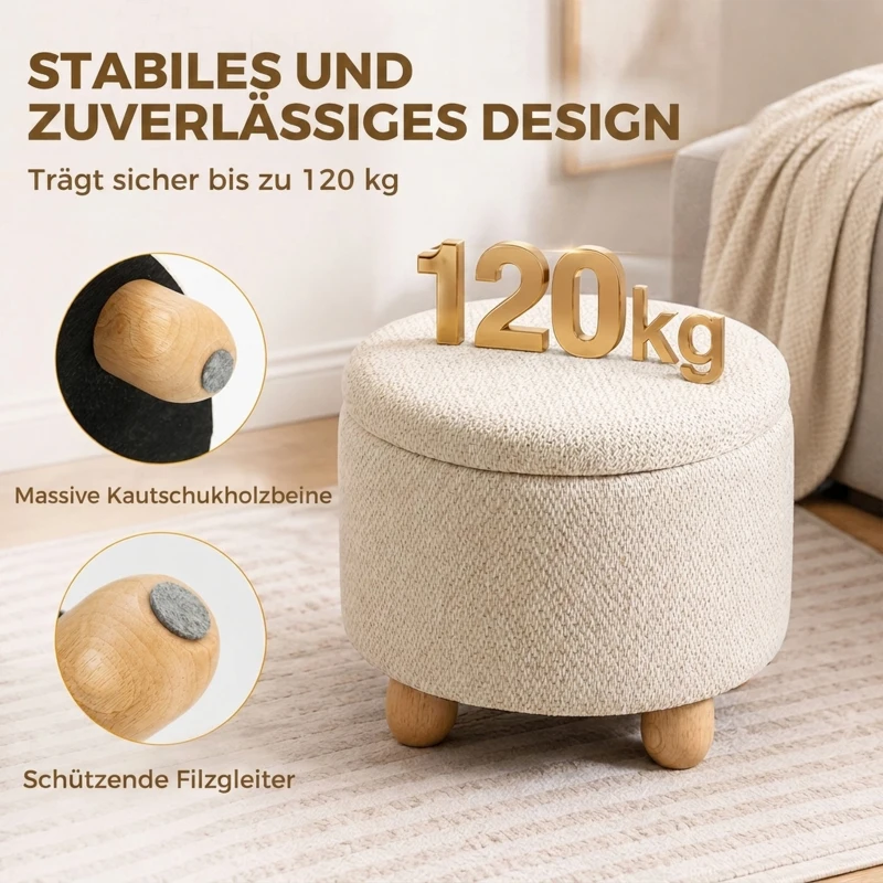 HOMCOM Opberghocker, ronde zitkruk met deksel, linnenlook, voor woonkamer en slaapkamer, 38,5 x 38,5 x 33,5 cm, beige