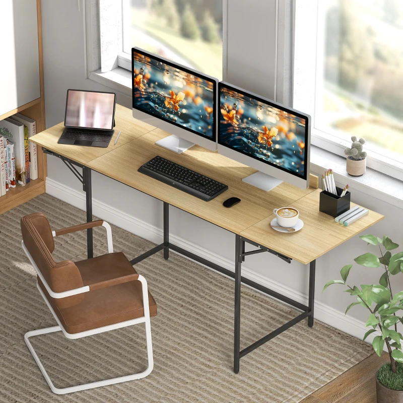 HOMCOM Inklapbare computertafel met 2 uitklapbladen, veel ruimte voor monitoren, metalen poten, stevige constructie, eikenlook + zwart(m-2)