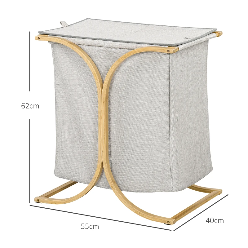 HOMCOM Coș pentru rufe cu 2 compartimente, capac din bambus și poliester, 55x40x62 cm, gri și culoare lemn