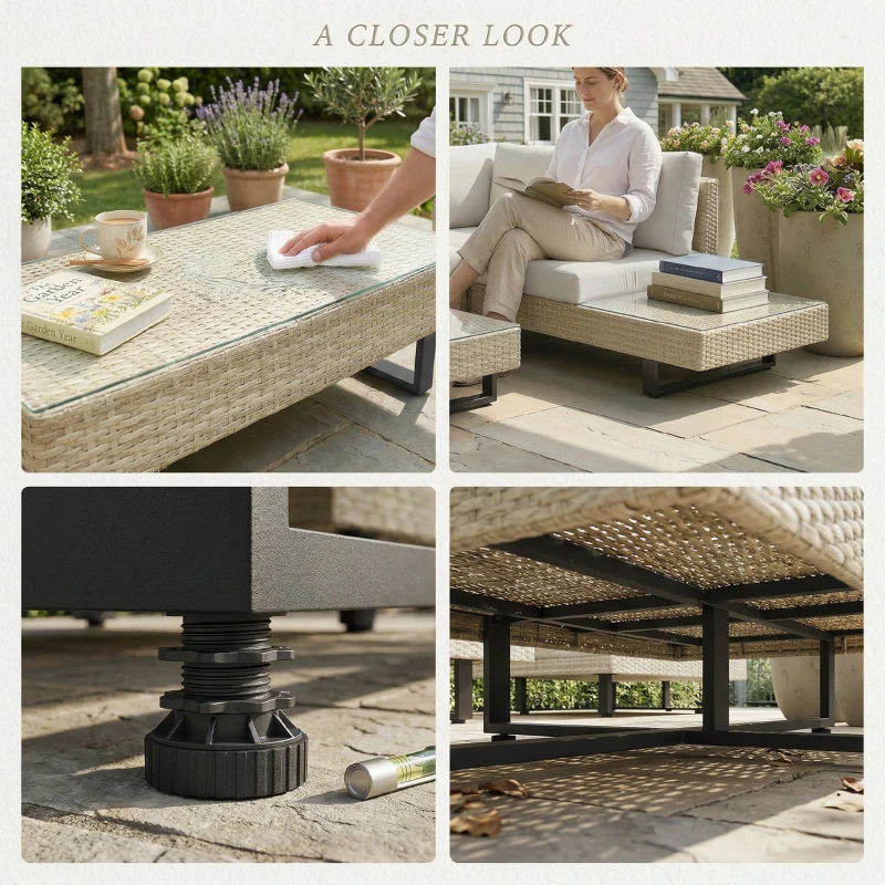 Outsunny Conjunto de Jardim em Vime de 3 Peças com Sofá Modular de 3 e 2 Lugares Mesa Lateral e Mesa de Centro Bege