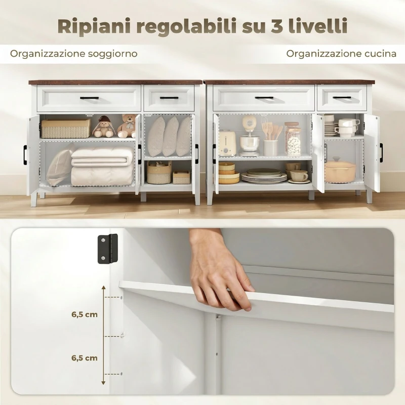 HOMCOM Credenza Cucina in Legno con 3 Ante a Fienili, 2 Cassetti e 2 Ripiani Regolabili, Bianco