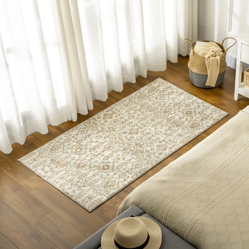 HOMCOM Floral Boho Area Rug, Carpet Cream and Green Rug for Living Room, Bedroom, Dining Room, 150 x 80cm