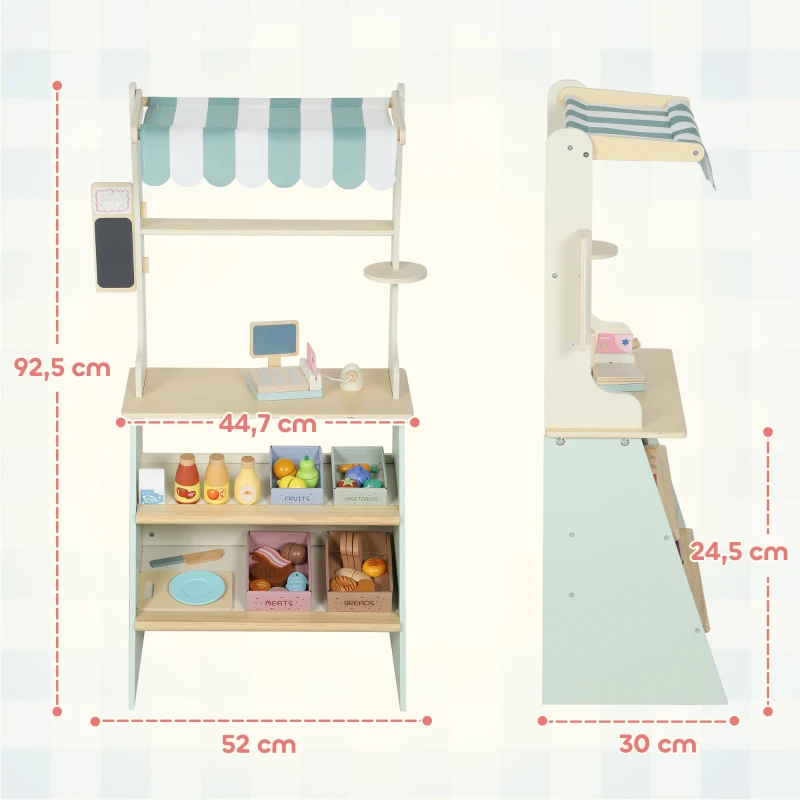 AIYAPLAY Supermarché pour enfant 34 pcs, marchande en bois, tableau noir, caisse enregistreuse et accessoires, 52x30x92,5cm, vert(m-3)