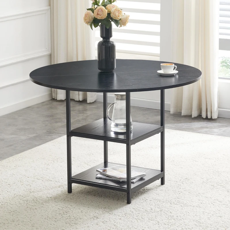 Table ronde 107 cm de diamètre, design industriel élégant, pour 2–4 personnes, 107x107x75 cm, Noir