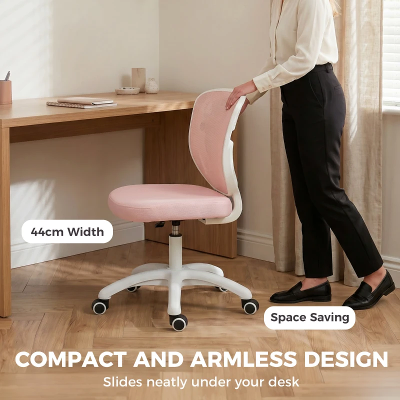 HOMCOM Office Chair, Armless Computer Desk Chair with Breathable Mesh, Adjustable Height, Swivel Wheels, Pink
