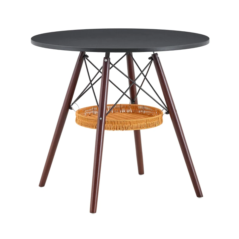 Table ronde 80 cm, idéale pour petits espaces, panier de rangement suspendu tressé, 80x80x71,5 cm, Noyer+Noir