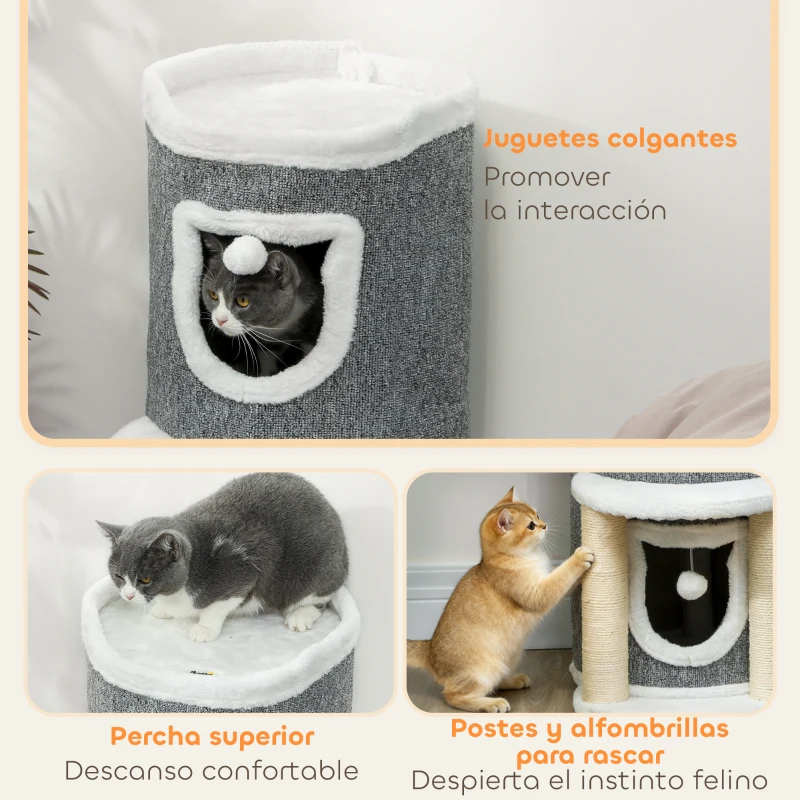 PawHut Árbol Rascador para Gatos Árbol para Gatos 76 cm con Cama 2 Cuevas Postes de Sisal Alfombra Bolas para Jugar Gris