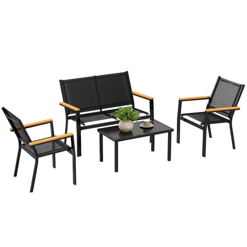 Outsunny Salon de jardin extérieur 4 pièces avec canapé 2 places, 2 chaises et table basse en verre trempé, noir
