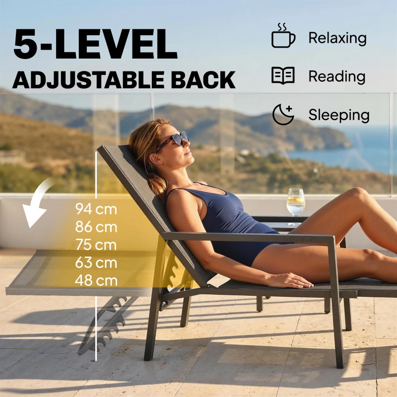 Outsunny Sun Loungers Set of 2 Retractable Footrest 5-Position Adjustable Steel Frame for Beach, Porch, Patio, Camping, Black