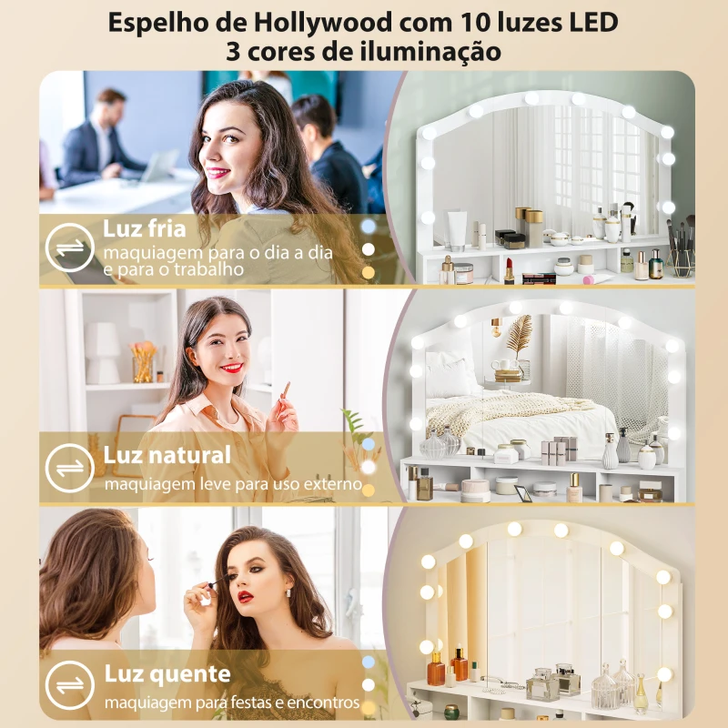 HOMCOM Toucador com 10 Luzes LED de 3 Cores Toucador de Maquilhagem com Espelho  7 Gavetas 3 Compartimentos Moderno 110x40x150 cm Branco