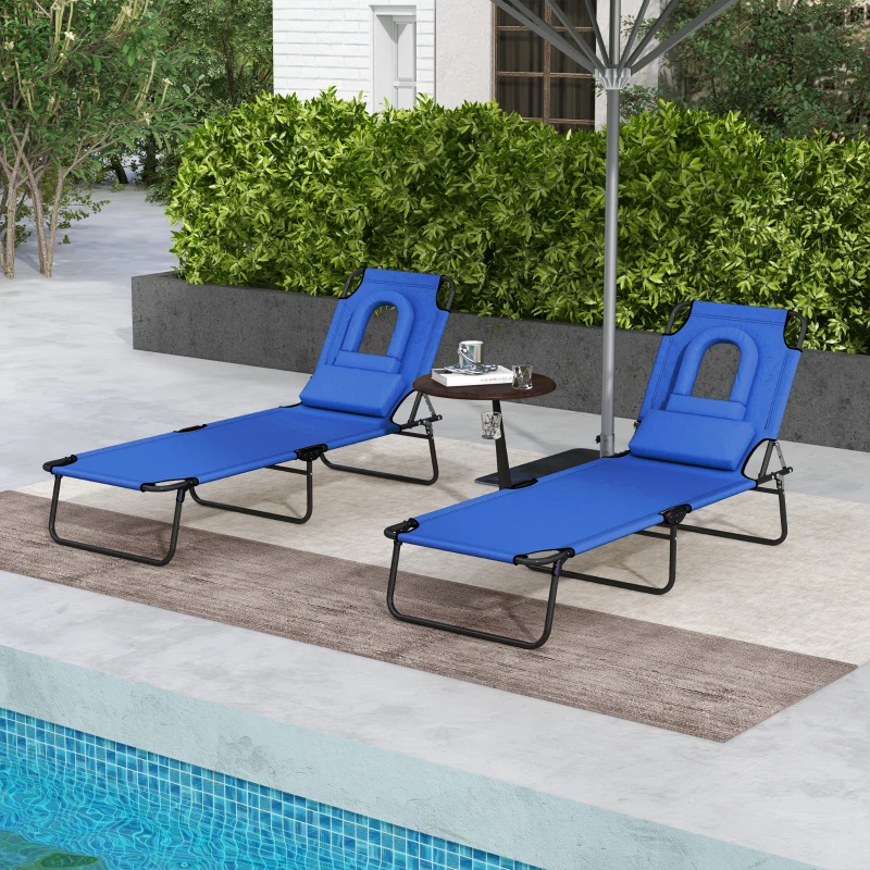 Outsunny Folding Sun Loungers Set of 2 with Face Hole, 4-Position Adjustable Backrest Garden Recliner Chair Sunbed, Outdoor Lounge Chair with 500 D Oxford Cloth Seat, Pillow for Beach, Blue