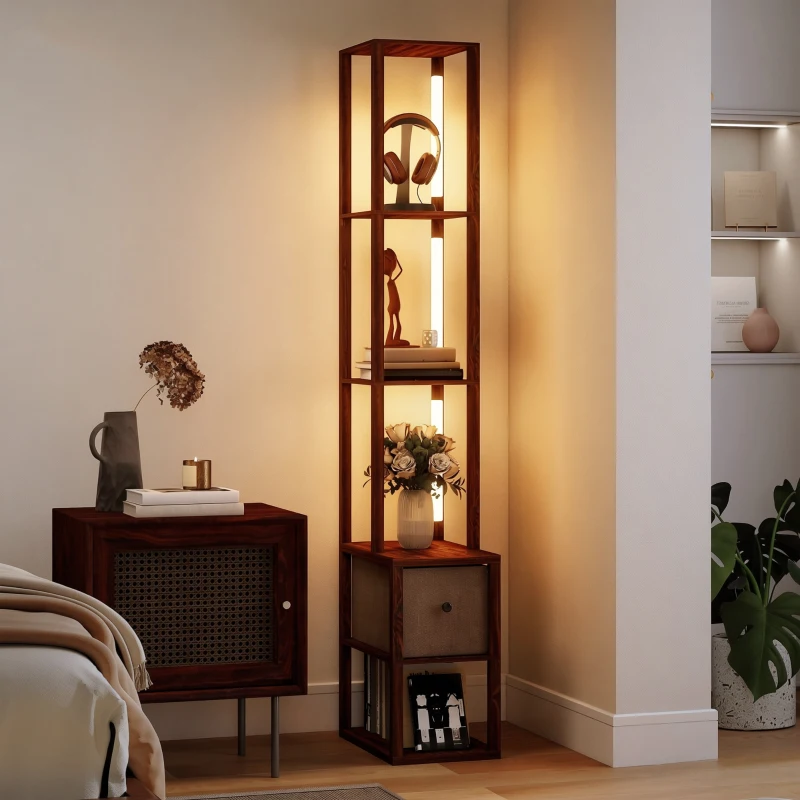 HOMCOM Floor Lamp with Shelves, LED Column Modern Standing Lamp with Fabric Drawer, Adjustable Brightness, Foot Switch for Living Room, Bedroom, Office, Dark Brown