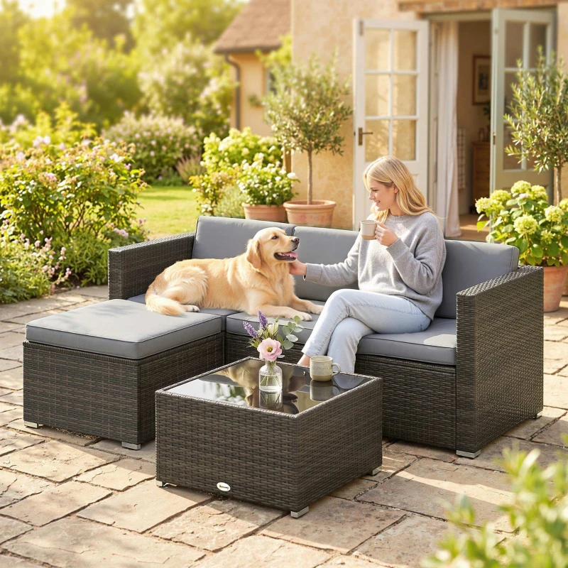 Outsunny 3 Pieces Garden Furniture Set w/ Cushions, PE Rattan Wicker Conversation Corner Sofa Set, Light Grey