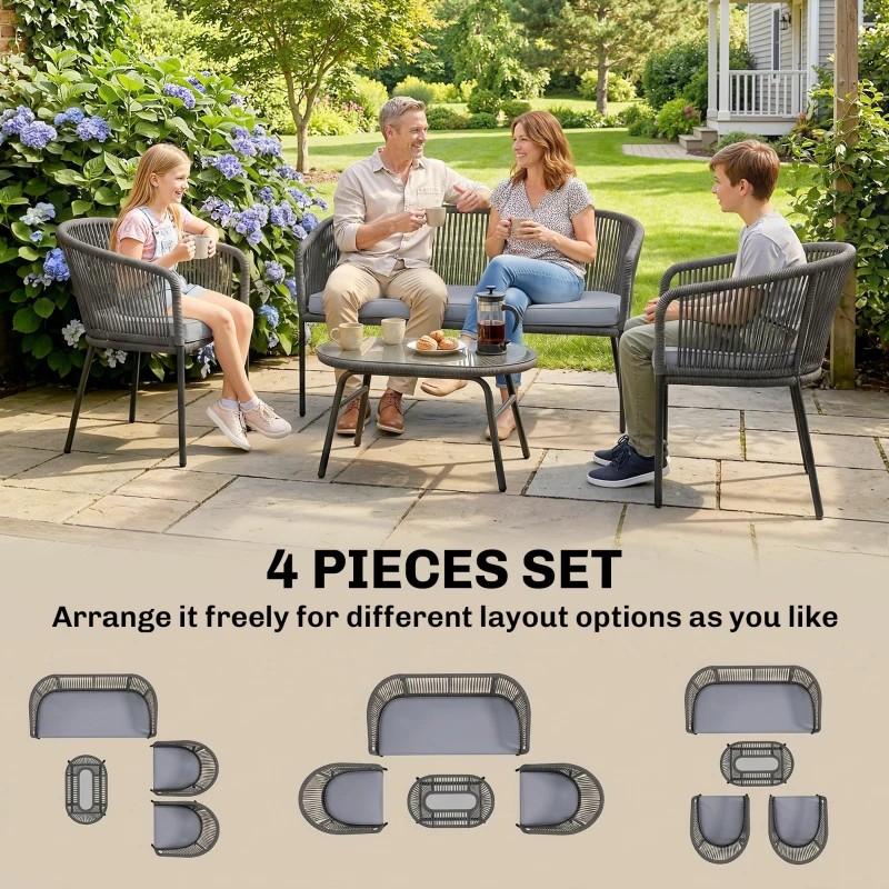 Outsunny 4 Piece Garden Furniture Set, Rope Garden Sofa Set with 1 Loveseat 2 Chairs Tempered Glass Table Cushions, Dark Grey