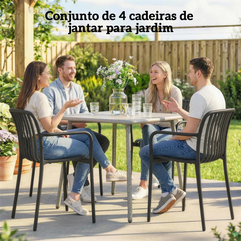 Outsunny Conjunto de 4 Cadeiras de Jardim Empilháveis em PP com Encosto Curvado e Assento com Ripas 55x58,5x81,5 cm Preto