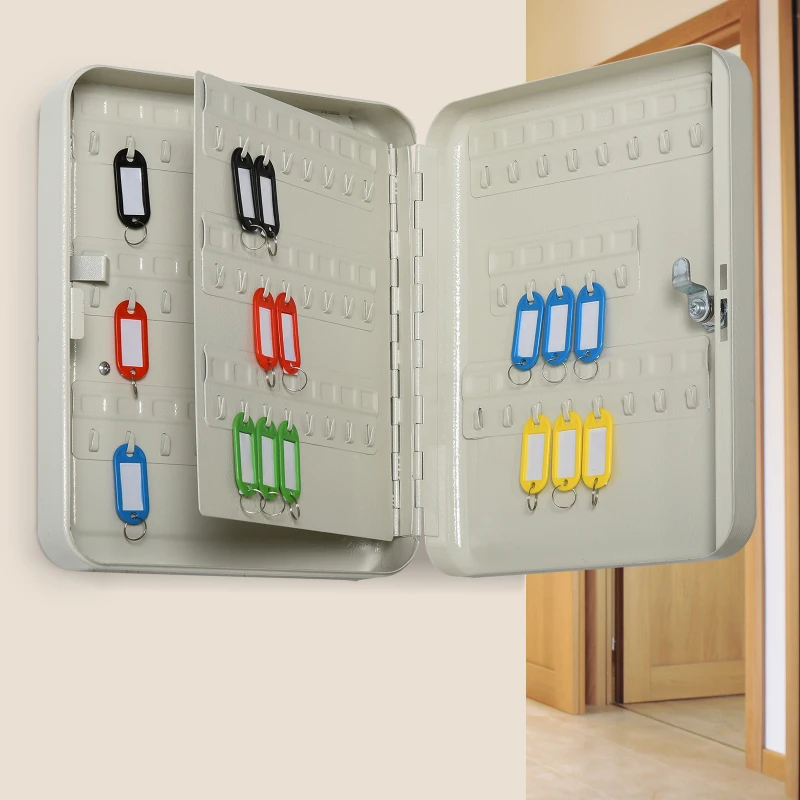 HOMCOM Armario de Llaves Caja de Seguridad para Llaves Bloqueable con 93 Ganchos y Etiquetas 2 Cerraduras Accesorios de Montaje Incluidos 30x24x7,5 cm Beige
