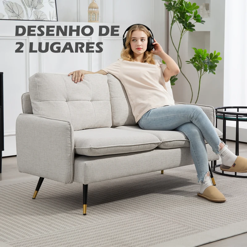 HOMCOM Sofá de 2 Lugares Moderno Estofado em Poliéster com 4 Almofadas Apoio para os Braços e Pés de Aço 139x68x80 cm Creme