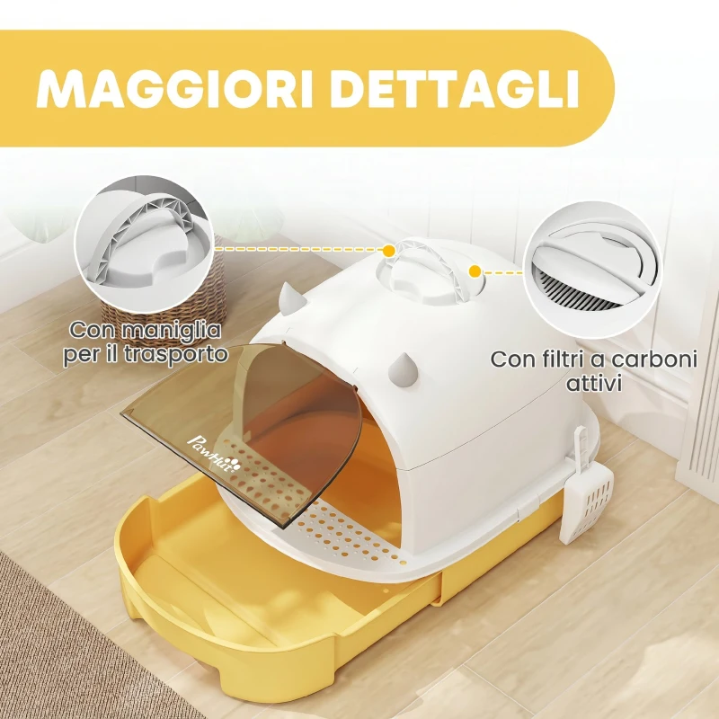 PawHut Lettiera per Gatti Chiusa con Vassoio Estraibile, Maniglia, Paletta e 2 Filtri al Carbone Attivo, Giallo