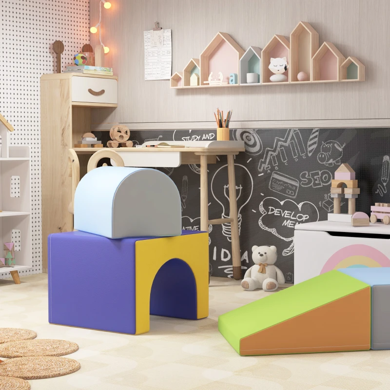 HOMCOM 4-delige Set Zachte Bouwblokken voor Klimmen en Glijden, Kunstlederen Bekleding, voor Kinderen van 1-3 Jaar, Multicolor