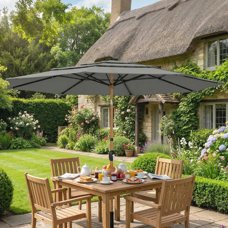 Outsunny Garden Parasol, Parasol Umbrella with 3-tier Roof, Crank Handle, Tilt Function, Polyester Canopy, Grey