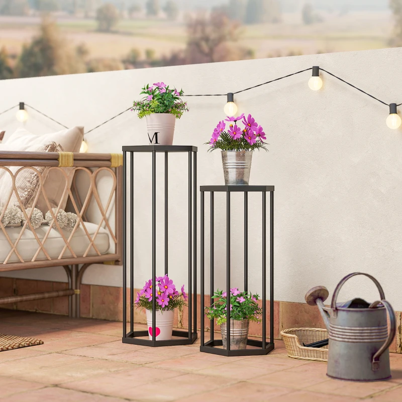Outsunny Lot de 2 supports pour plantes, tabouret à fleurs hexagonal en métal, intérieur et extérieur, noir