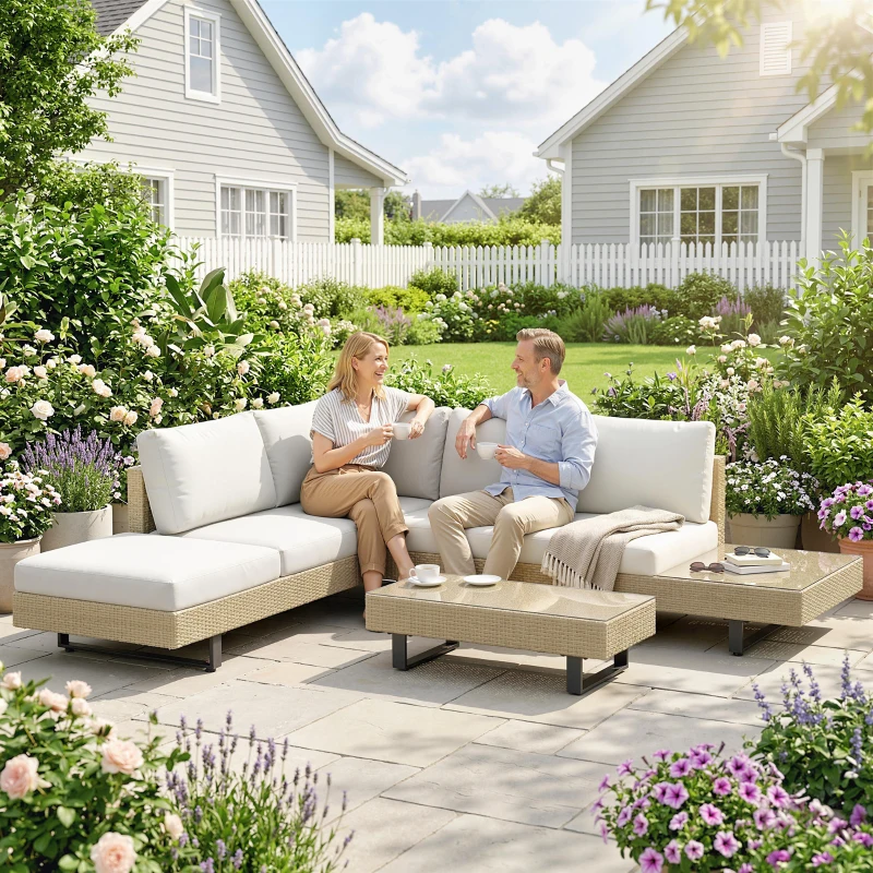 Outsunny Conjunto de Jardim em Vime de 3 Peças com Sofá Modular de 3 e 2 Lugares Mesa Lateral e Mesa de Centro Bege