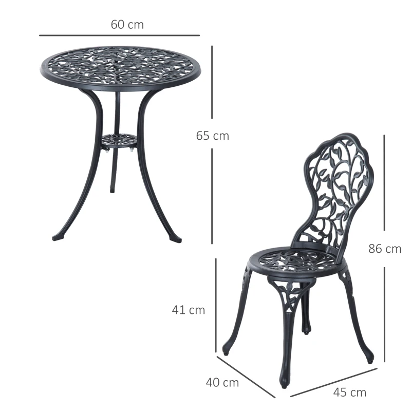 Outsunny Ensemble de bistrot 3 pièces avec 2 chaises et 1 table ronde style antique, pour jardin, terrasse, balcon, noir