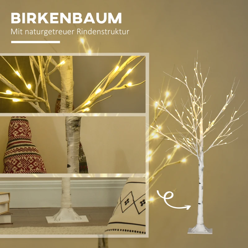 HOMCOM Kunstboom, Kunstberk met LED-Verlichting, Warmwit, Realistische, Witte Bast, 17L x 17B x 120H cm(m-5)