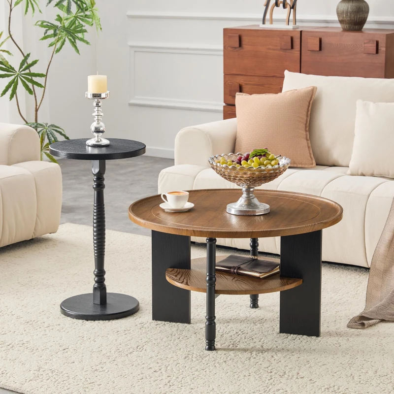Set de 2 tables basses rondes, rayures et à l'humidité, bords arrondis, 80x80x47 cm, Noyer+Noir