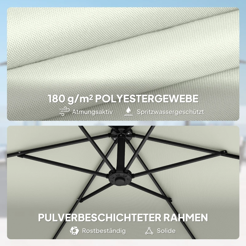 Outsunny Zweefparasol ca. Ø300 cm met vergrendelingsmechanisme, slinger, standaard en gewichten, crème