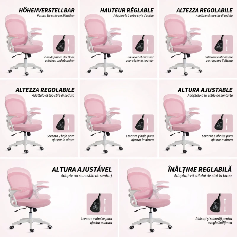 Vinsetto Scaun de birou ergonomic și reglabil cu spătar din plasă și șezut căptușit, 65.5x61.5x88-97.5 cm, roz