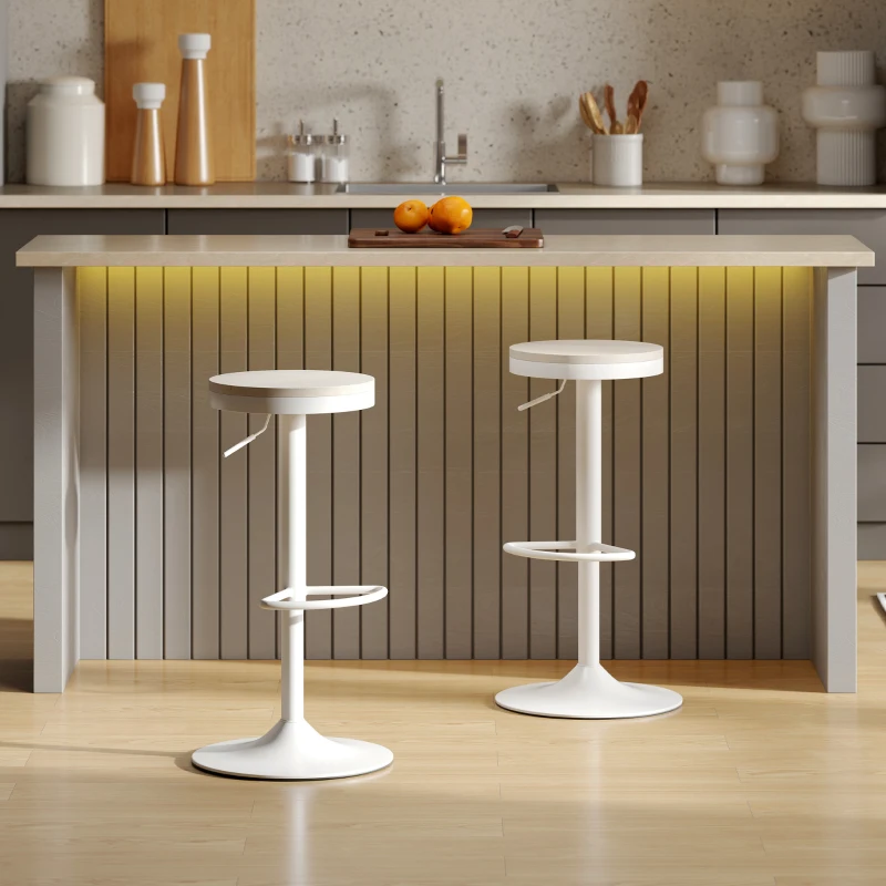 HOMCOM Lot de 2 tabourets de bar, chaises de bar pivotantes avec assise en hévéa, hauteur réglable et repose-pieds, blanc