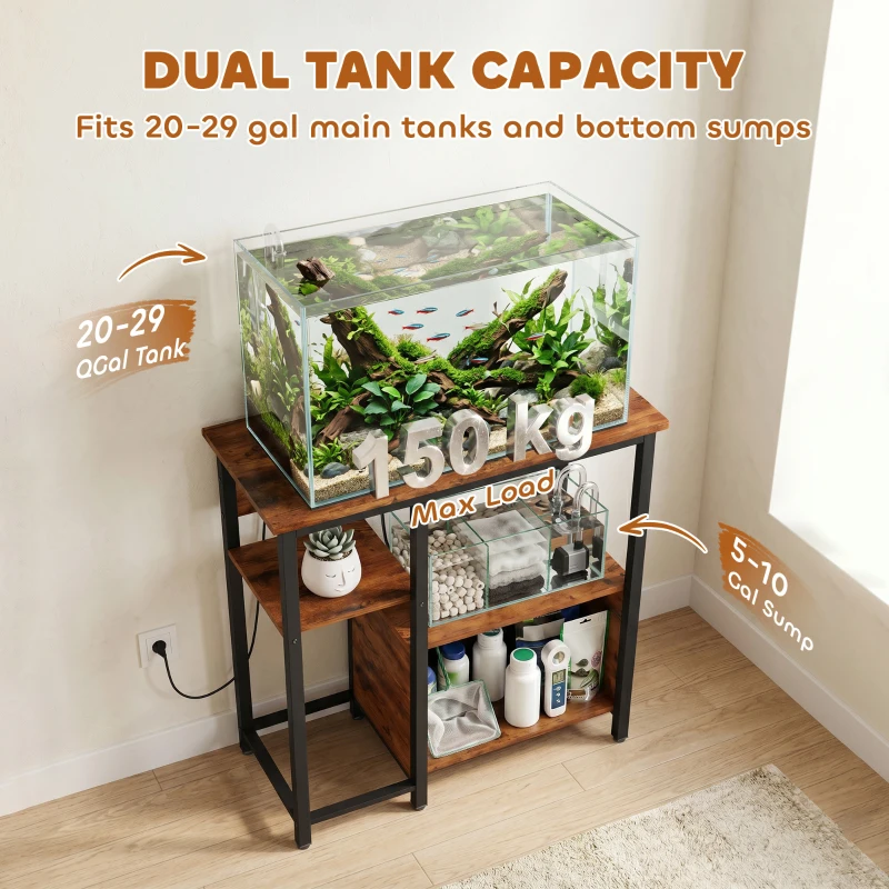 PawHut Fish Tank Stand with Power Outlets Aquarium Stand with Cabinet 20-29 Gallon Tanks Tiger Wood Grain