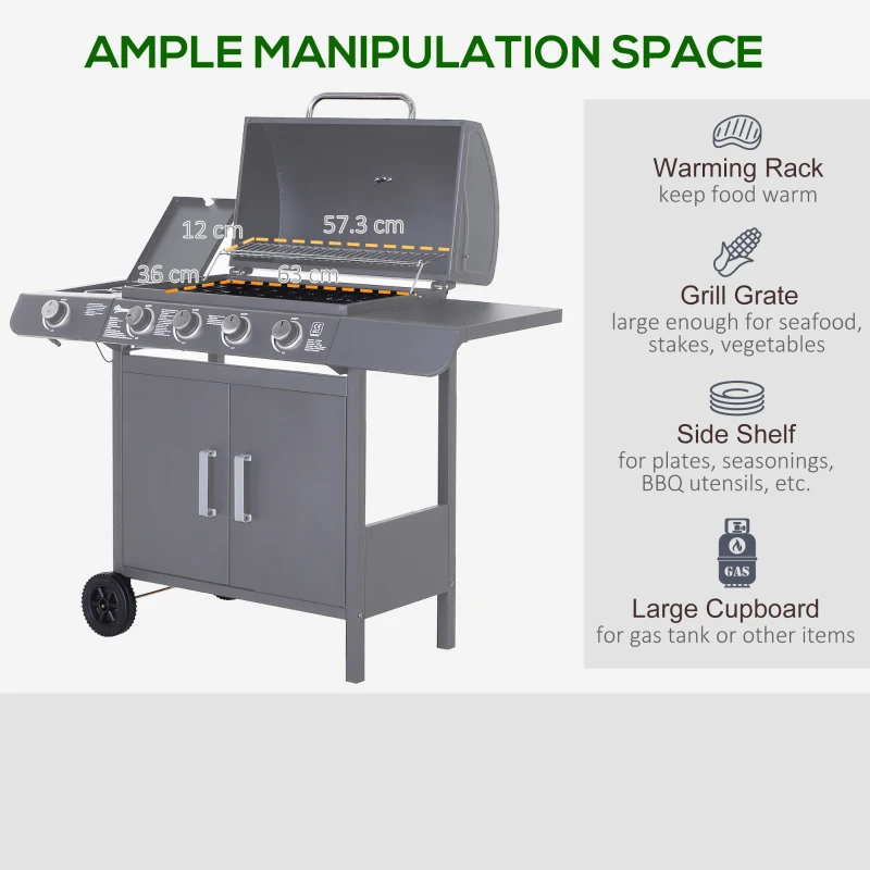 Outsunny 4+1 Burner Gas BBQ Grill, Outdoor Barbecue Trolley with Wheels, Warming Rack, Side Shelves, Cabinet, Thermometer for Garden, Party, Camping, 125W x 51D x 100Hcm, Grey