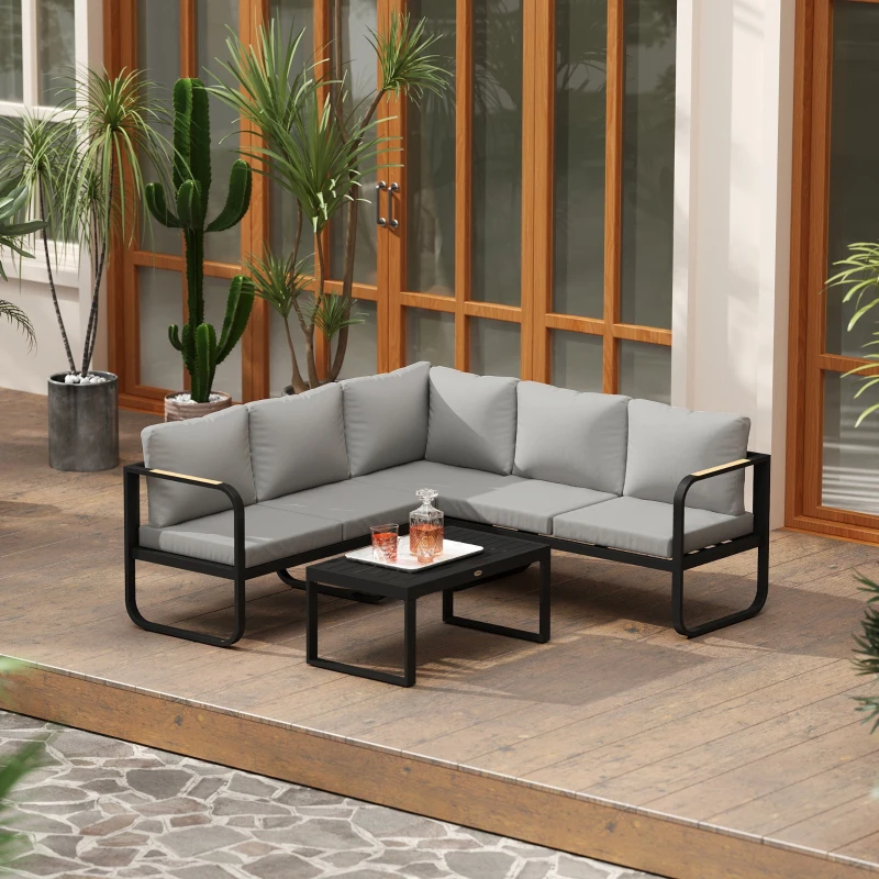 Outsunny L-vorm tuinset weerbestendig metaal zitgroep voor 5 personen tuinlounge met 2- en 3-zitsbank, kussens en bijzettafel, outdoor balkonmeubel-set terrasmeubel voor tuin en balkon, grijs