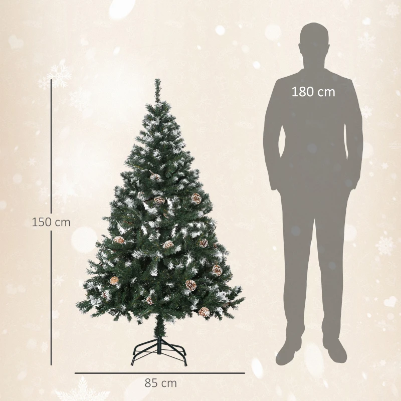HOMCOM Kunstmatige Kerstboom, 676 Takken, 41 Kegels, besneeuwde toppen, brandwerend, 180 cm