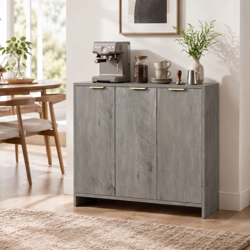HOMCOM Sideboard Cabinet, Modern Storage Cabinet with 3 Doors and Adjustable Shelves for Living Room, Dining Room, Grey
