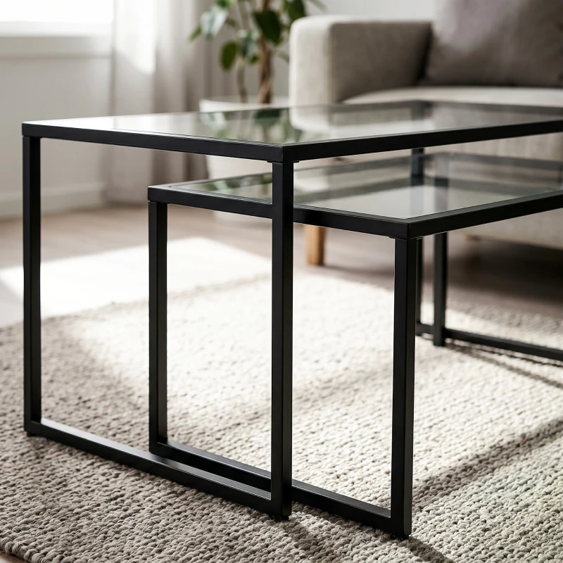 HOMCOM 2-delige set salontafels, glazen tafels, met poedergecoat staal, zwart + transparant