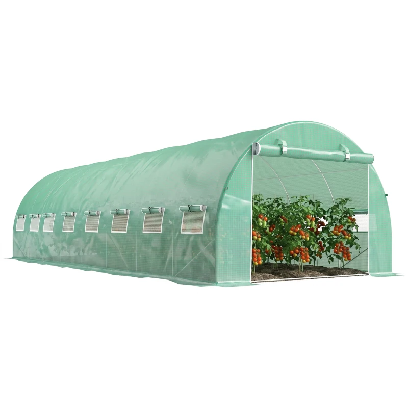Outsunny Serre de jardin tunnel 24m² 8L x 3l x 2H m - 16 fenêtres, Porte zippée enroulable acier galvanisé, bâche PE, Vert