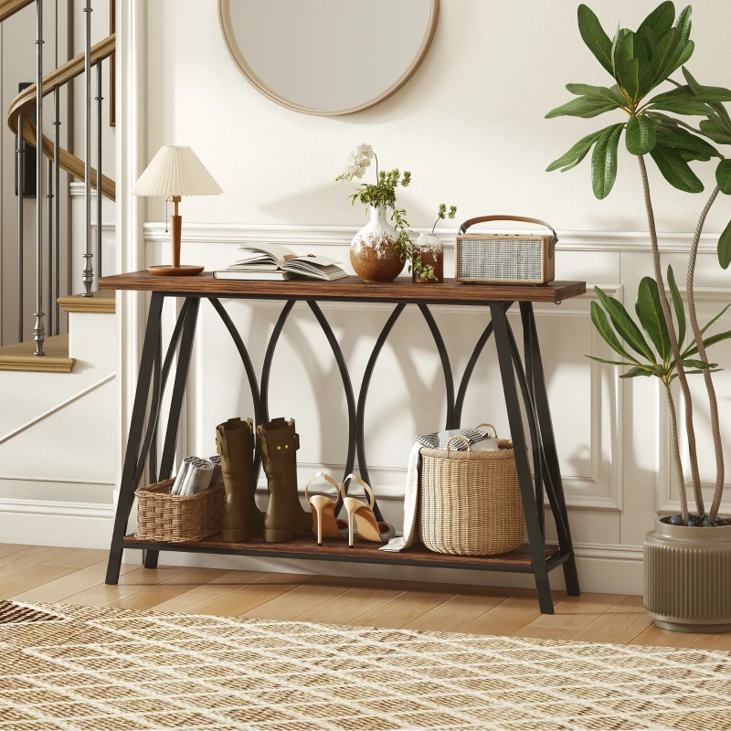 HOMCOM Narrow Console Table, Industrial 2-Tier Sofa Table with Metal Frame for Entryway, Living Room, 120x30x80cm, Rustic Brown