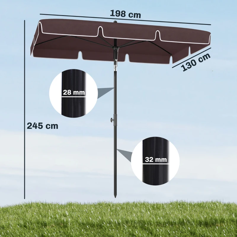 Outsunny Ombrellone da Giardino Rettangolare e Regolabile con Palo in Alluminio, 2x1.3x2.5 m, Marrone e Nero