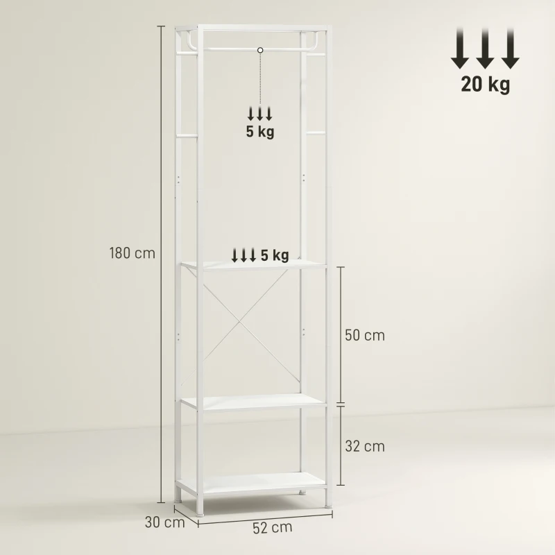 HOMCOM Cuier cu suport pentru pantofi pe 2 niveluri, bară pentru haine, 4 cârlige, raft superior, 52x30x180 cm, alb