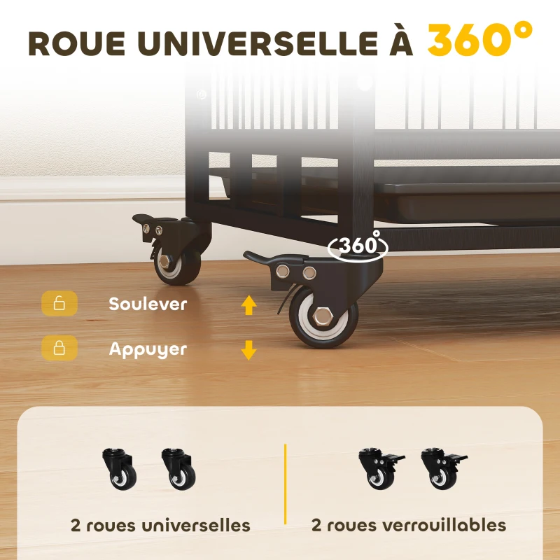 PawHut Cage pour chien animaux cage de transport sur roulettes 2 portes verrouillables plateau amovible 92 x 62 x 75 cm noir