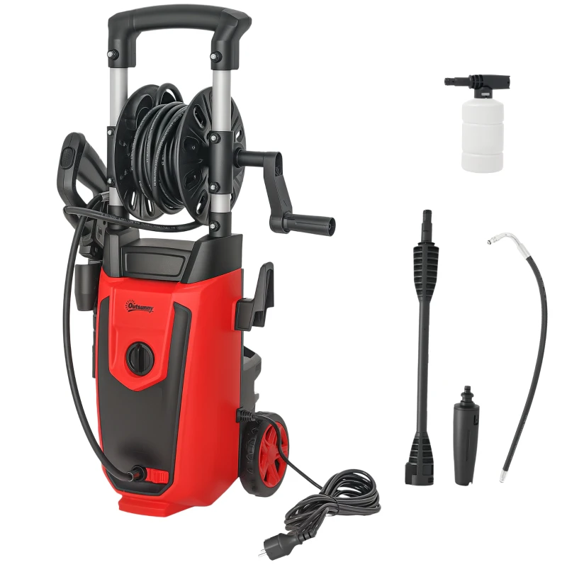Outsunny Lavadora de Alta Pressão 1800W 150 Bar Caudal 420 L/h com Paragem Automática Mangueira de 6 m 30x27,5x76 cm Vermelho