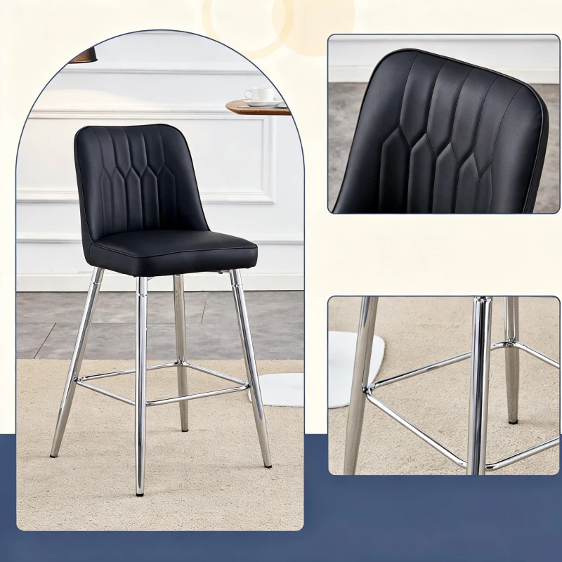 Lot de 2 tabourets de bar hauteur, design moderne et confortable, dossier incurvé et repose-pieds, 42x45x100 cm, Noir+Argenté