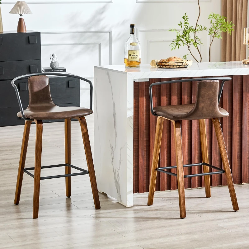 Lot de 2 tabourets de bar avec accoudoirs, design scandinave élégant, assise rembourrée, 54,7x44x88 cm, Marron