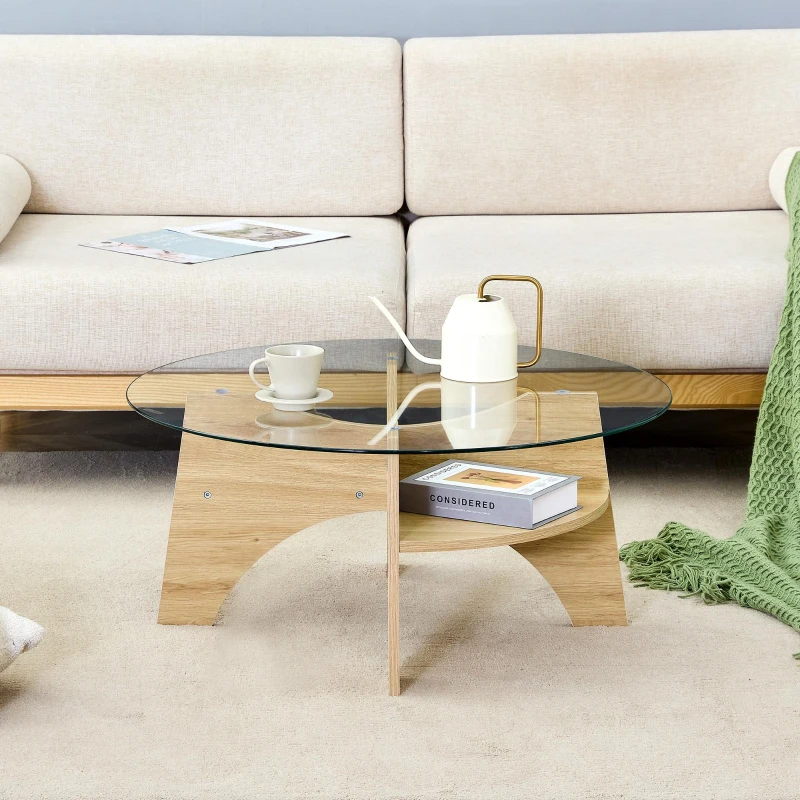 Table basse ronde en verre, design moderne, patins antidérapants, 80x80x36 cm, Couleur naturelle