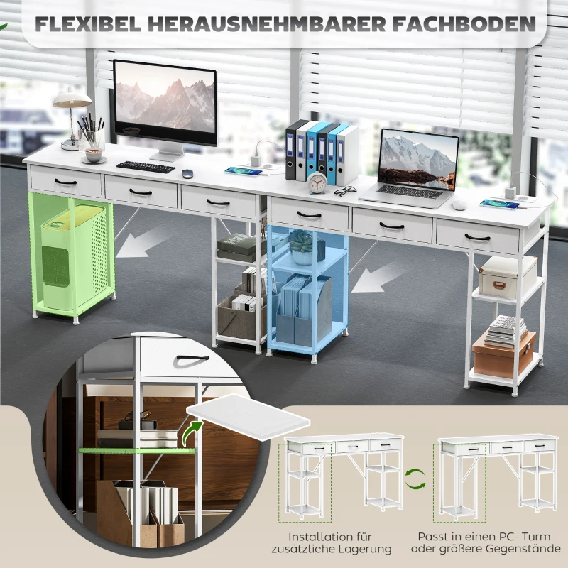 HOMCOM Bureau keukentafel met 2 USB-oplaadpoorten 2 stopcontacten verstelbare planken 3 stoffen lades 120x40x76 cm Wit