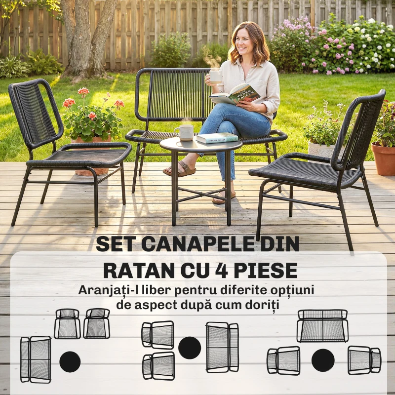 Outsunny Set Mobilier Grădină Ratan 4 Piese, Canapea pentru Exterior cu Măsuță Metalică, Negru
