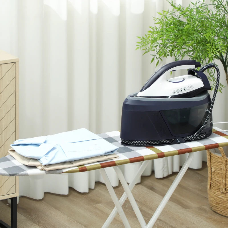 HOMCOM Ferro com Caldeira 2800W 100 g/min 8 Bares Função ECO Base de Cerâmica Desligamento Automático Sistema Anticalcário Autolimpeza Depósito Amovível 2 L Azul